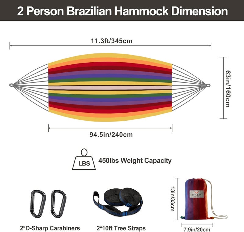 CHULIM Brazilian Double Hammock with Tree Straps,Extra Large 240x160cm,2 Persons Hammock for Backyard Patio Outdoor and Indoor,450lbs Weight Capacity,Soft Woven Cotton Fabric - Image 3